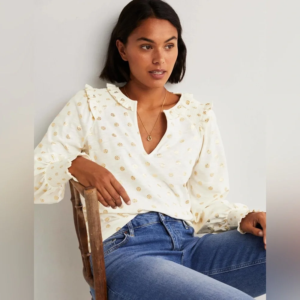 Boden Long Sleeve Smocked Balloon Sleeve Frilled Ruffle Gold Foil Peasant Top S - Picture 2 of 9